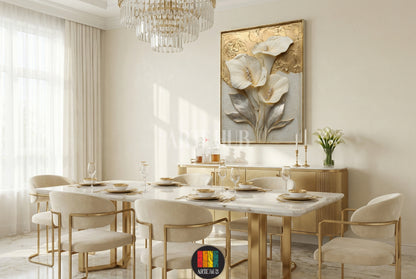 Premium canvas wall art showcasing three white calla lilies with gold and silver accents in a luxury Egyptian dining room.