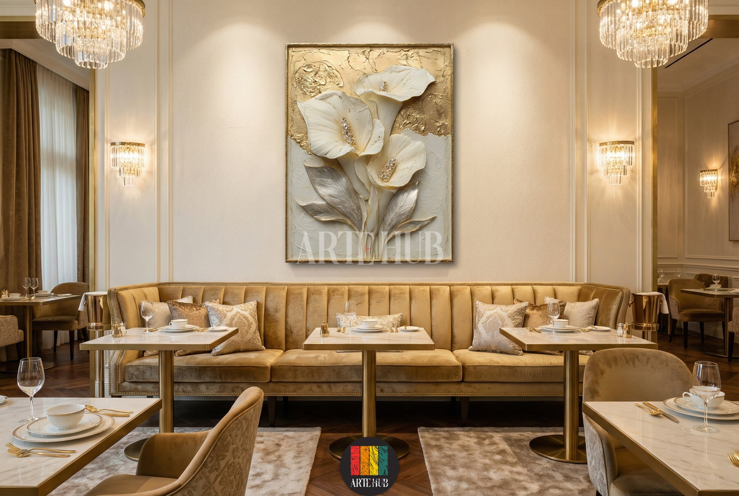 A large framed canvas wall art featuring three elegant white calla lilies with golden textured accents, styled in a luxurious Egyptian dining room.