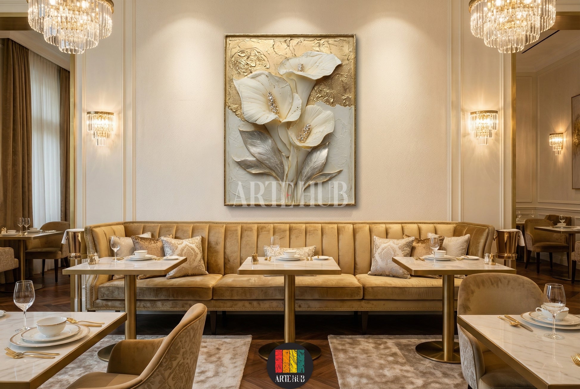 A large framed canvas wall art featuring three elegant white calla lilies with golden textured accents, styled in a luxurious Egyptian dining room.