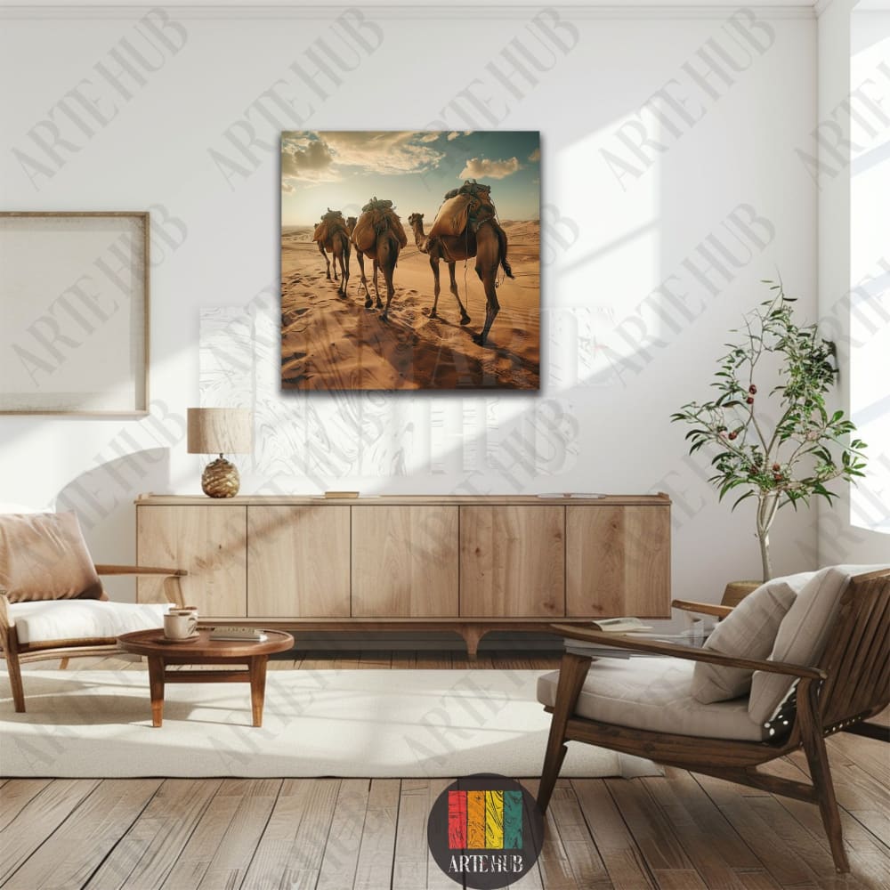 A premium square canvas wall art featuring a desert camel caravan at sunset, displayed in a luxury modern living room in Egypt.