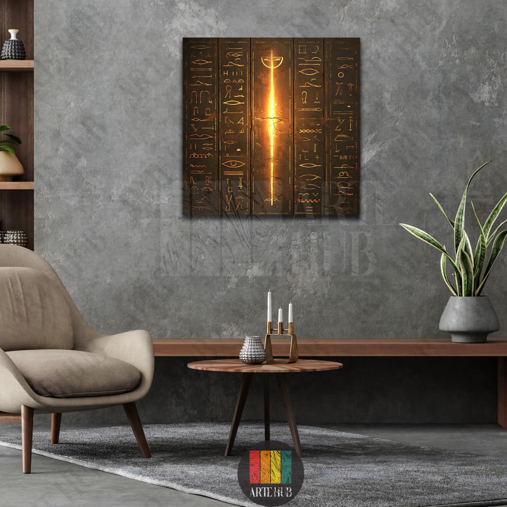 Luxury canvas wall art featuring glowing golden Egyptian hieroglyphs and a central light beam on a dark textured background for modern home decor.