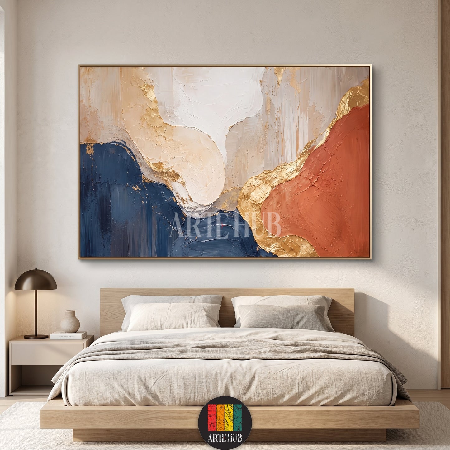 Modern abstract canvas wall art with textured navy, terracotta, and cream paint accented with gold leaf, perfect for luxury home decor in Egypt.