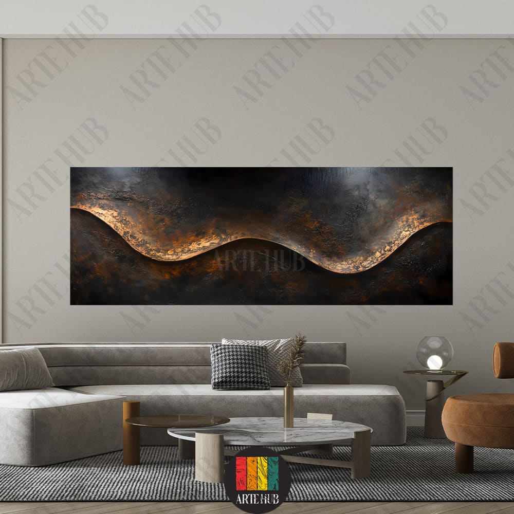A wide panoramic luxury canvas wall art featuring abstract golden textures on a dark background, styled in a modern living room in Egypt.