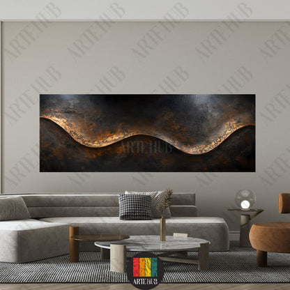 A wide panoramic luxury canvas wall art featuring abstract golden textures on a dark background, styled in a modern living room in Egypt.