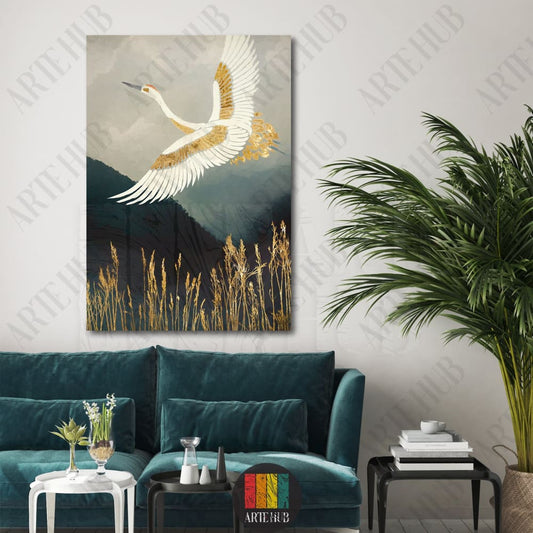 Elegant white and gold crane flying above dark mountains and golden wheat, premium canvas wall art for modern luxury home decor.