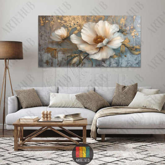 Large floral canvas wall art with golden textured accents and white petals, perfect for modern luxury home decor in Egypt.