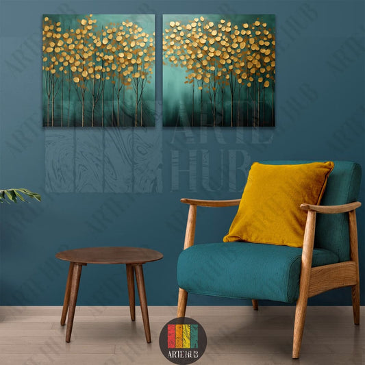 A modern two-piece canvas wall art featuring metallic golden trees with round leaves on a deep teal background, styled above a luxury armchair.