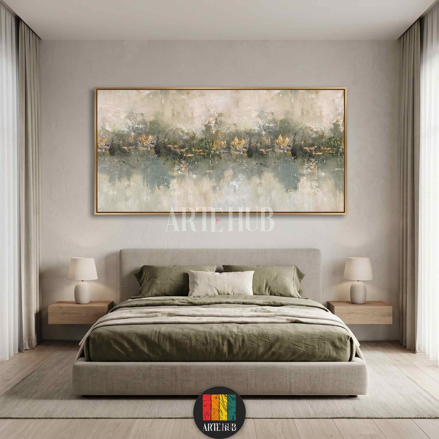 Large horizontal abstract landscape canvas painting with gold leaf accents and sage green textures, framed in gold, hanging above a contemporary bed.