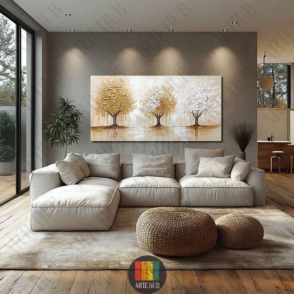 Golden Grove canvas wall art featuring three textured abstract trees in gold and white, perfect for modern luxury home decor in Egypt.
