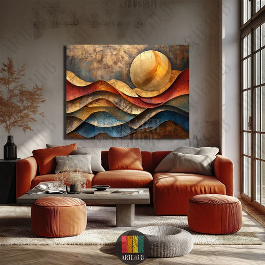 Abstract canvas wall art featuring textured golden waves and a large sun over a modern orange sofa in a luxury living room setting in Egypt.
