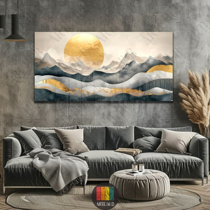 A premium horizontal canvas wall art featuring an abstract mountain landscape with a large gold sun, displayed in a modern luxury living room in Egypt.