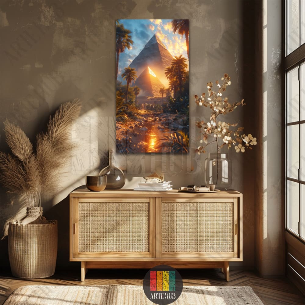 A vertical canvas print depicting a mystical sunset at the Giza Pyramids surrounded by palm trees, displayed in a modern Egyptian interior.