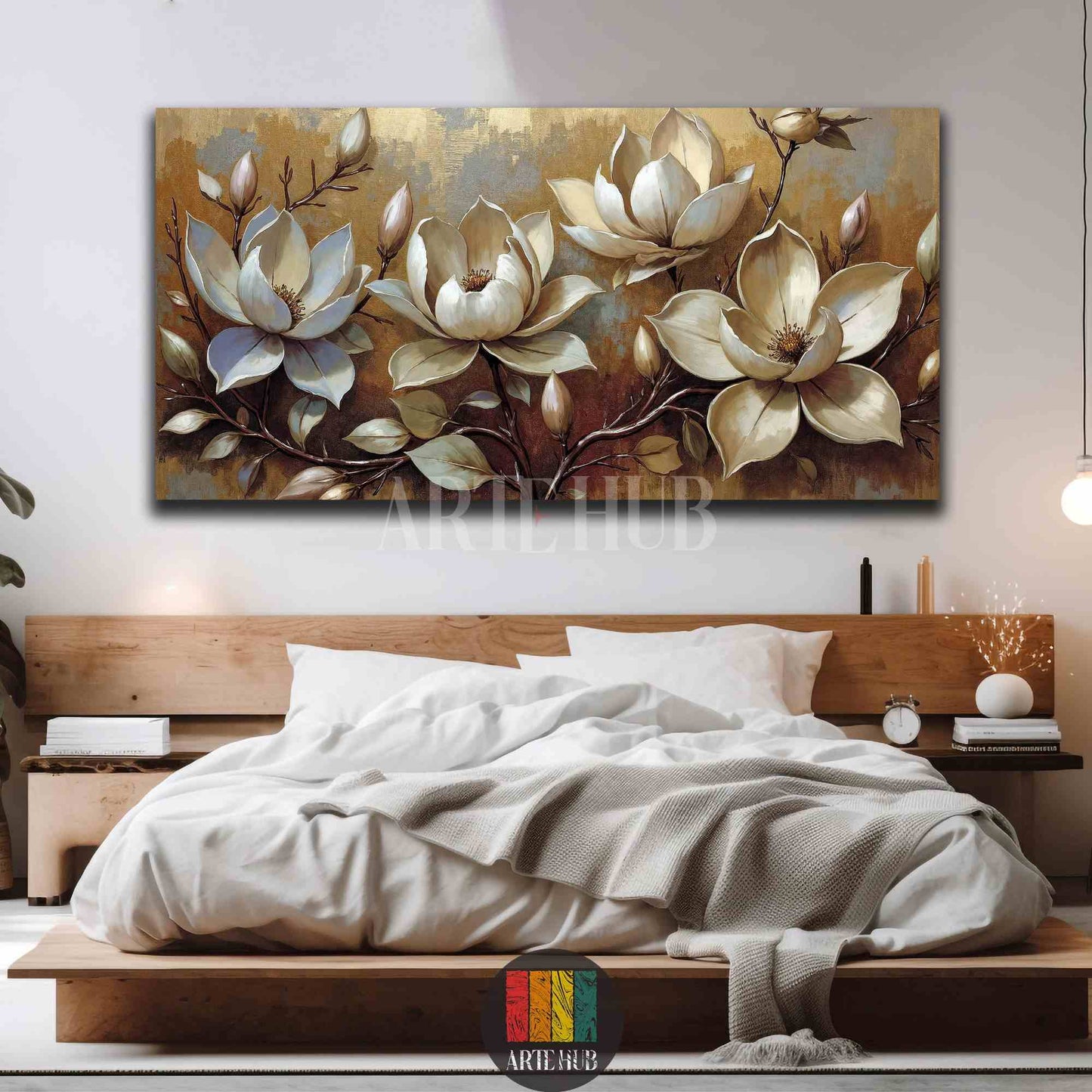 Elegant white magnolia flowers on a textured golden background, large landscape canvas wall art for a luxury bedroom interior in Egypt.