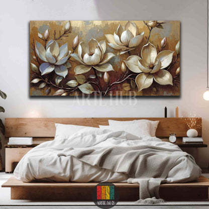 Elegant white magnolia flowers on a textured golden background, large landscape canvas wall art for a luxury bedroom interior in Egypt.