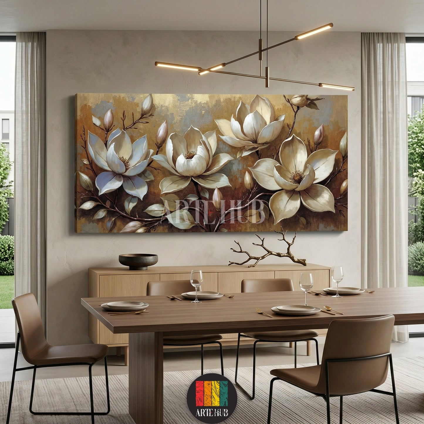 Large horizontal canvas wall art featuring elegant white magnolia blossoms on a textured metallic gold background in a modern dining room setting.