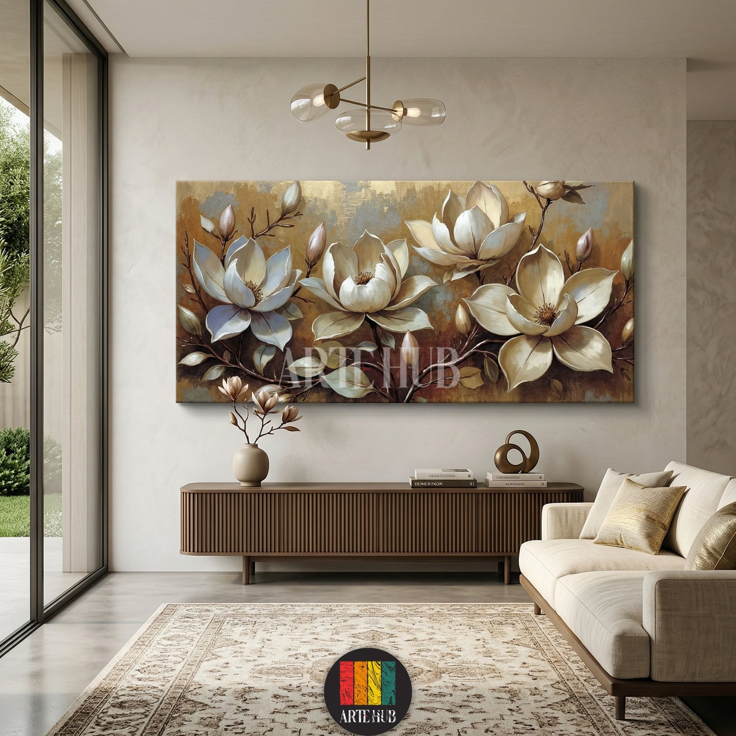 Luxury golden magnolia canvas wall art with large white floral blooms on a textured metallic background for modern home decor in Egypt.