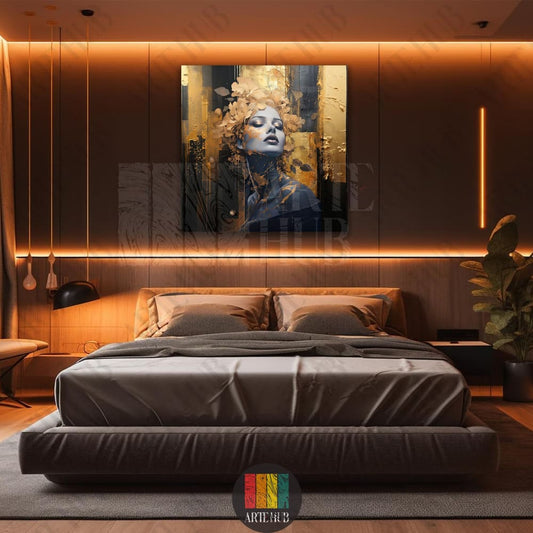 Abstract portrait canvas wall art featuring a woman with golden flowers in a luxury modern bedroom setting in Egypt.