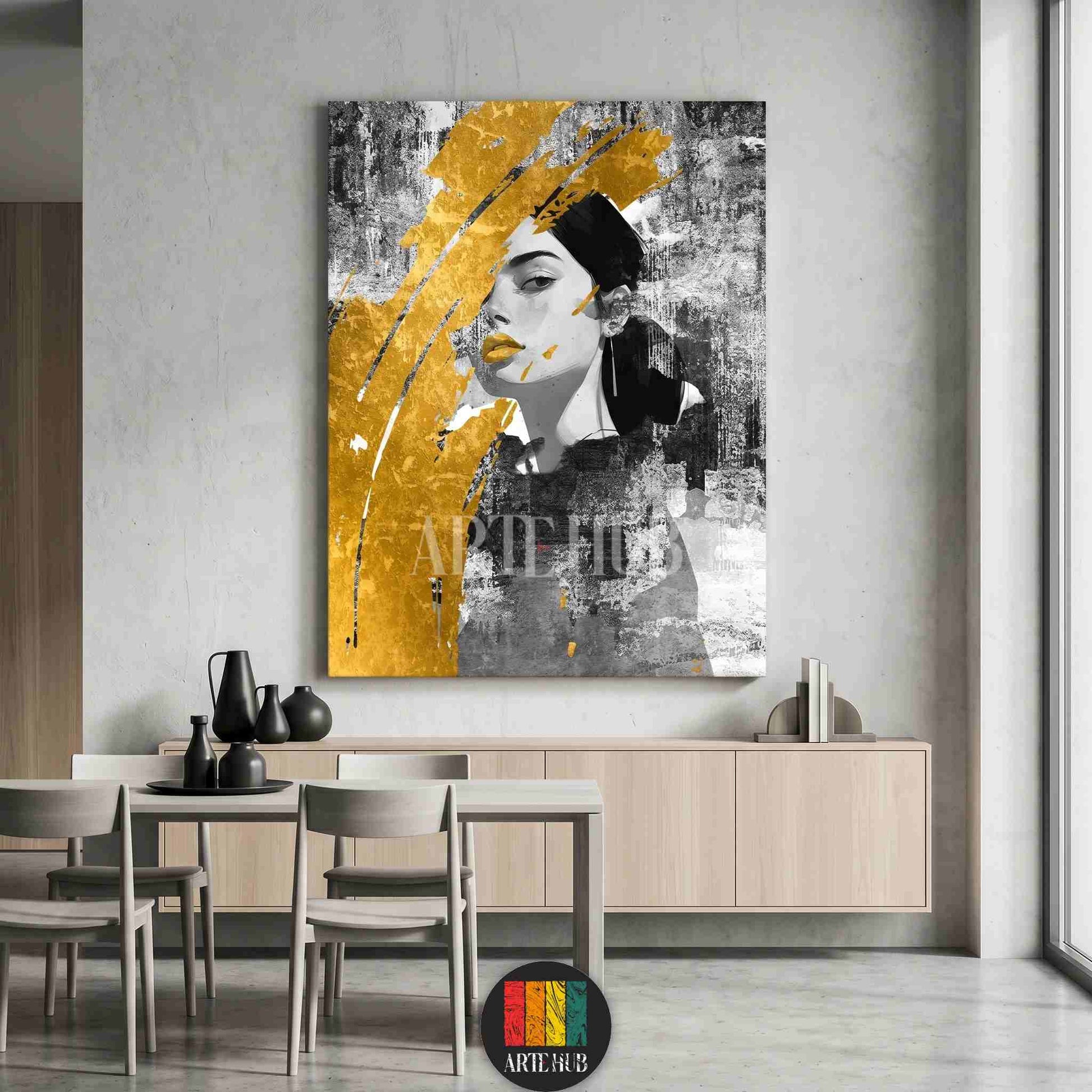 A modern black and white portrait canvas of a woman with bold, textured gold brushstrokes, styled for a luxury dining room in Egypt.