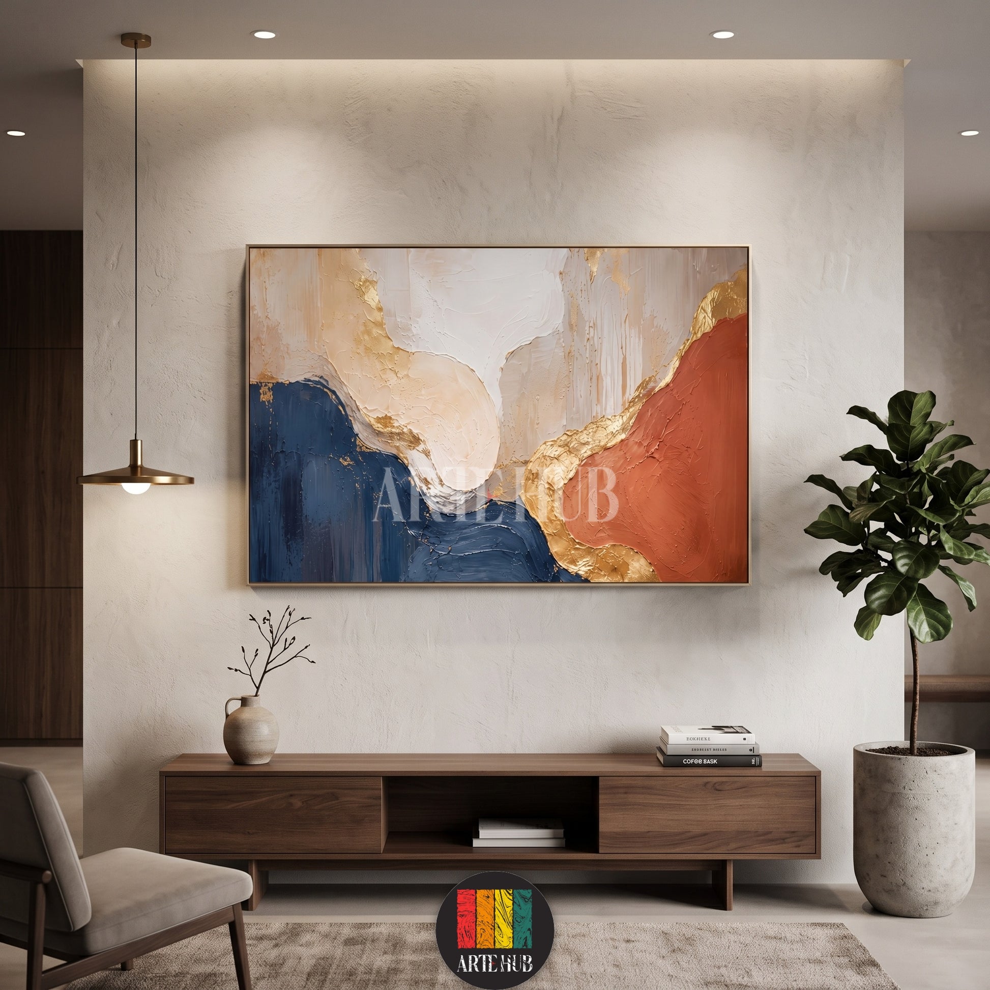 Large abstract canvas wall art with navy blue, terracotta, and metallic gold paint strokes in a modern minimalist living room setting in Egypt.