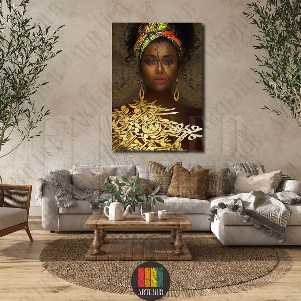 A high-end portrait canvas wall art of an African woman featuring intricate gold Arabic calligraphy and premium textures for modern luxury home decor.