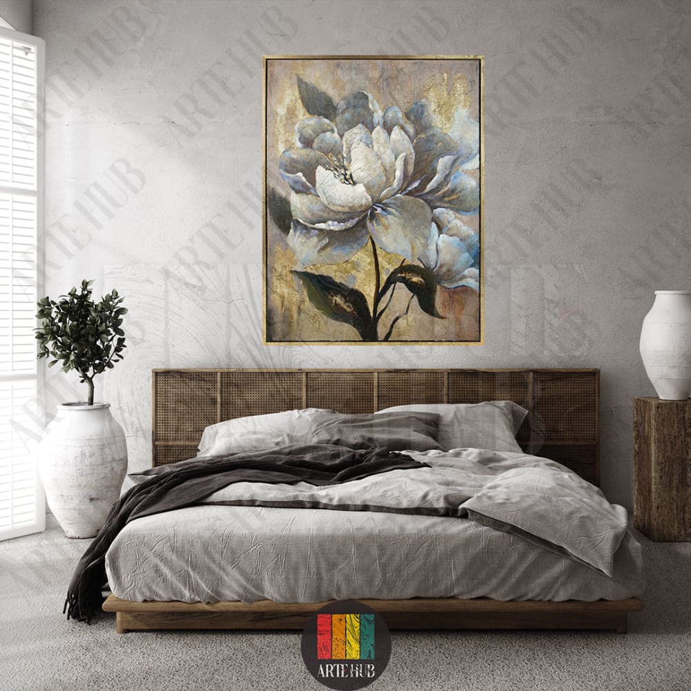 Large floral canvas wall art featuring a stylized cream and gold peony above a modern bed, ideal for luxury home decor in Egypt.