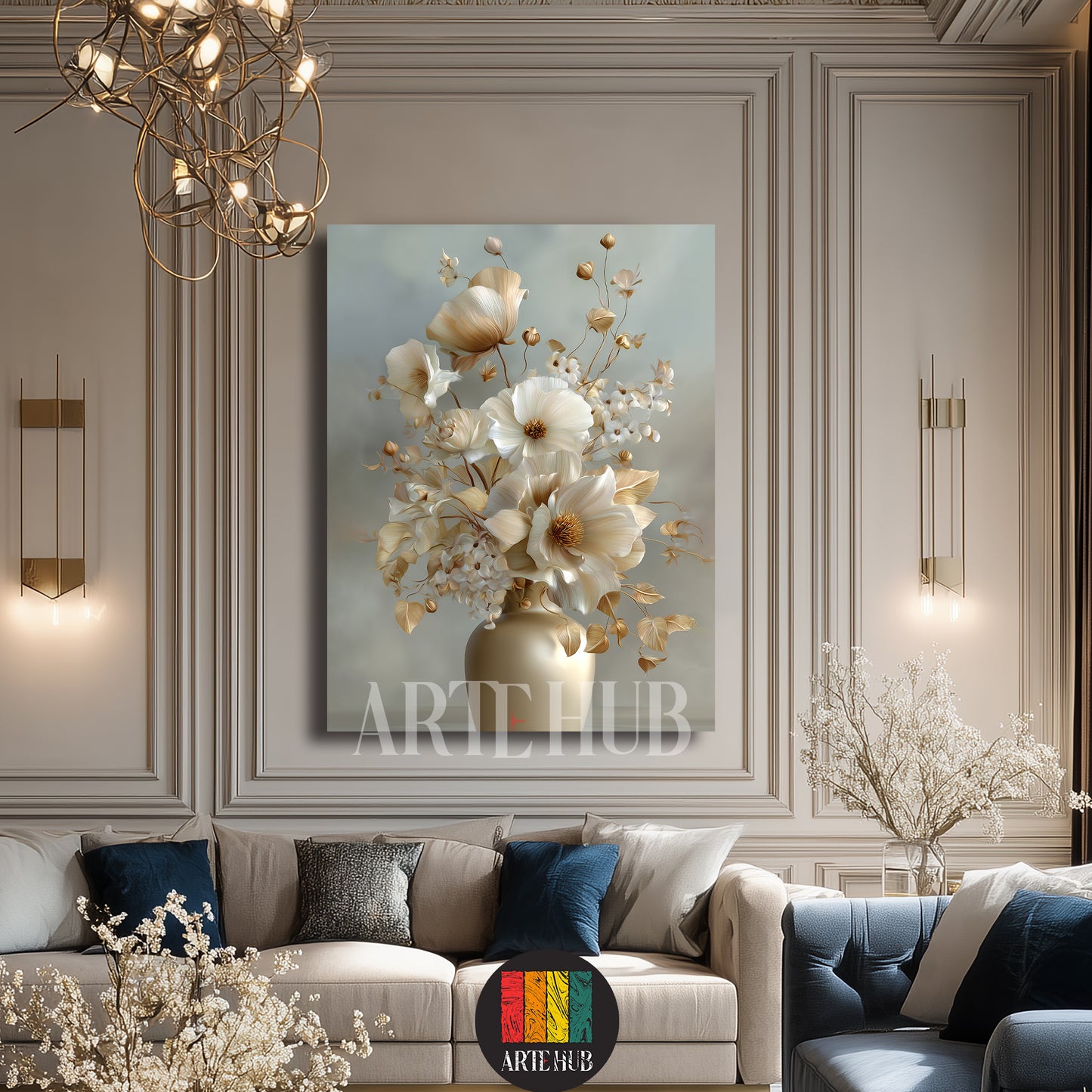 A sophisticated canvas wall art piece depicting a golden floral arrangement in a vase, displayed in a luxury living room setting in Egypt.
