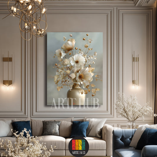 A sophisticated canvas wall art piece depicting a golden floral arrangement in a vase, displayed in a luxury living room setting in Egypt.