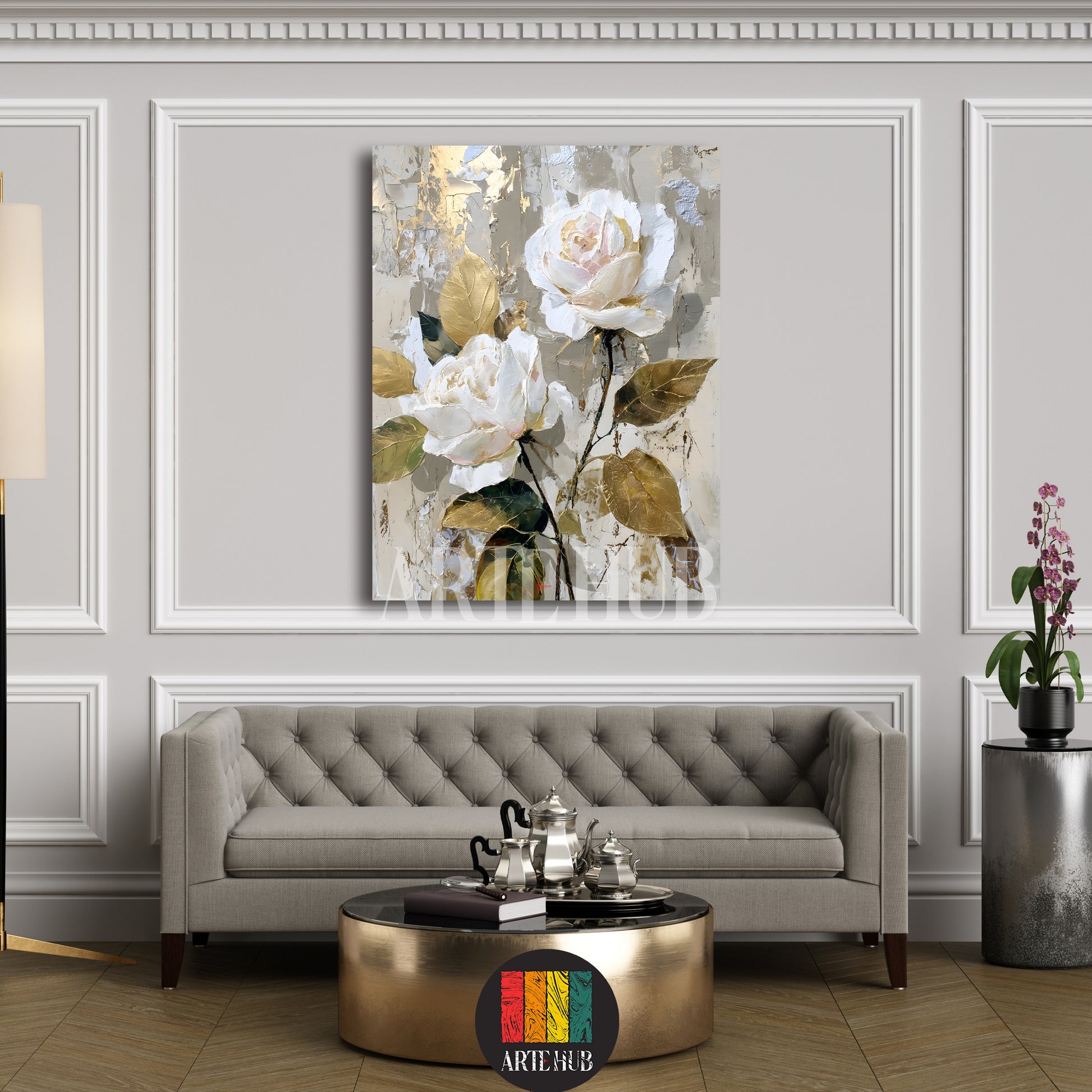 Elegant vertical canvas wall art featuring two white roses with metallic gold accents on a textured abstract background in a modern living room.