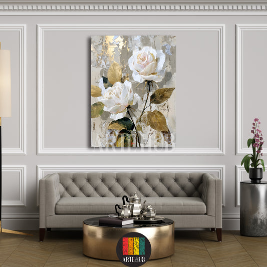 Elegant vertical canvas wall art featuring two white roses with metallic gold accents on a textured abstract background in a modern living room.