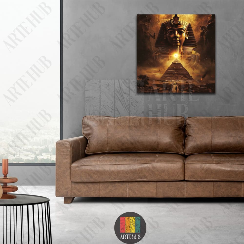 Majestic golden pharaoh portrait canvas wall art featuring the Great Pyramid, perfect for luxury modern living room decor in Egypt.