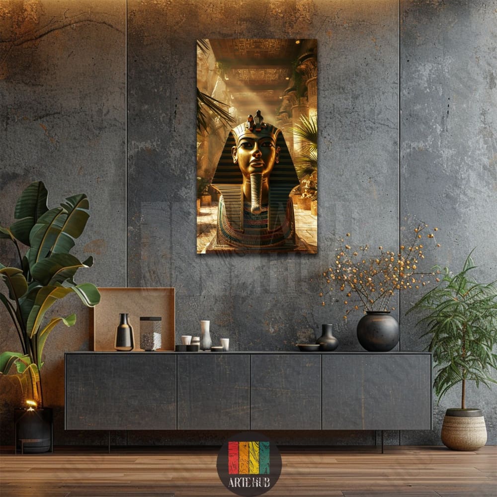 Detailed golden pharaoh bust canvas print showing King Tutankhamun in an ancient temple, perfect for luxury home decor in Egypt.