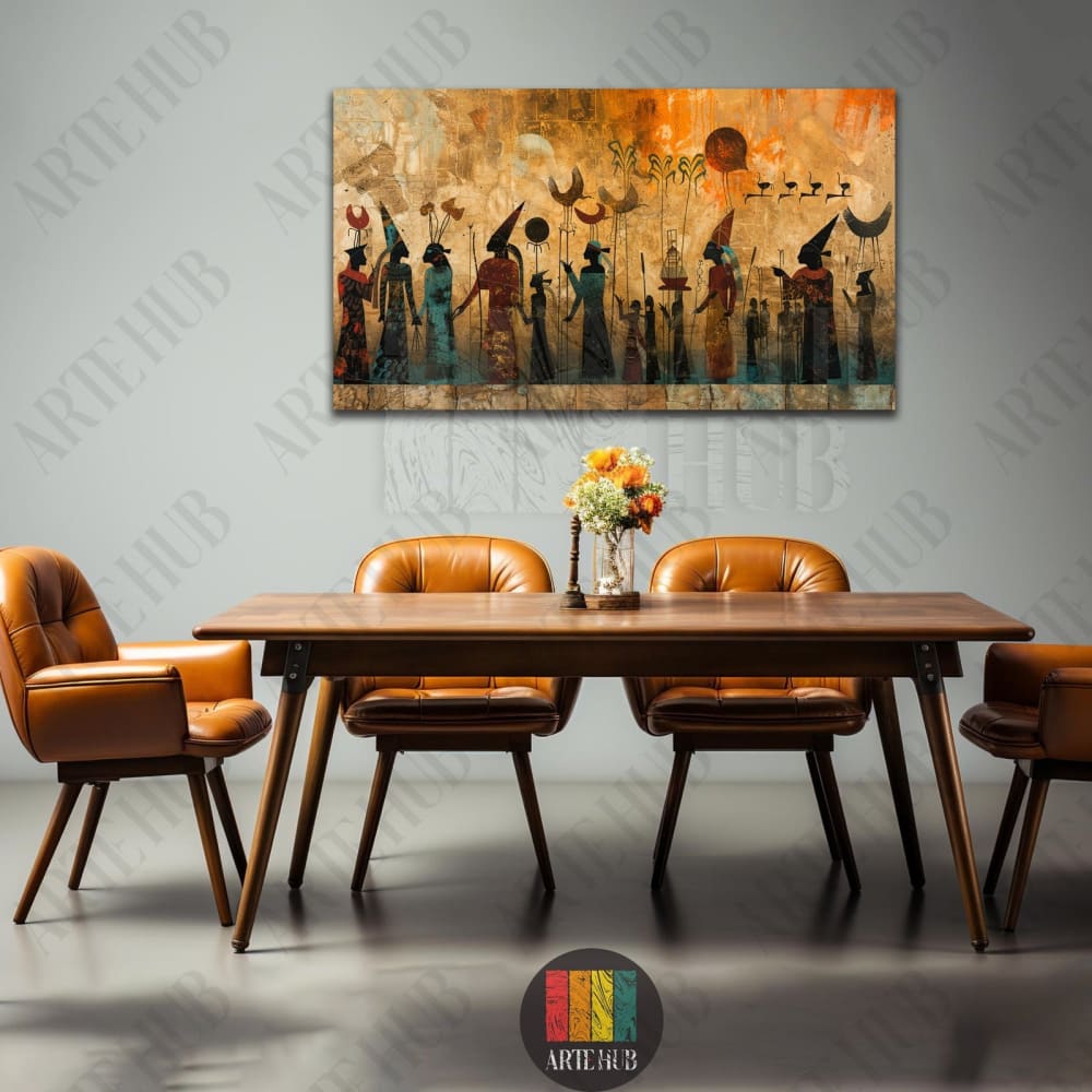 Abstract Egyptian-inspired canvas wall art featuring stylized figures in warm ochre and orange tones above a modern dining table in a luxury interior.