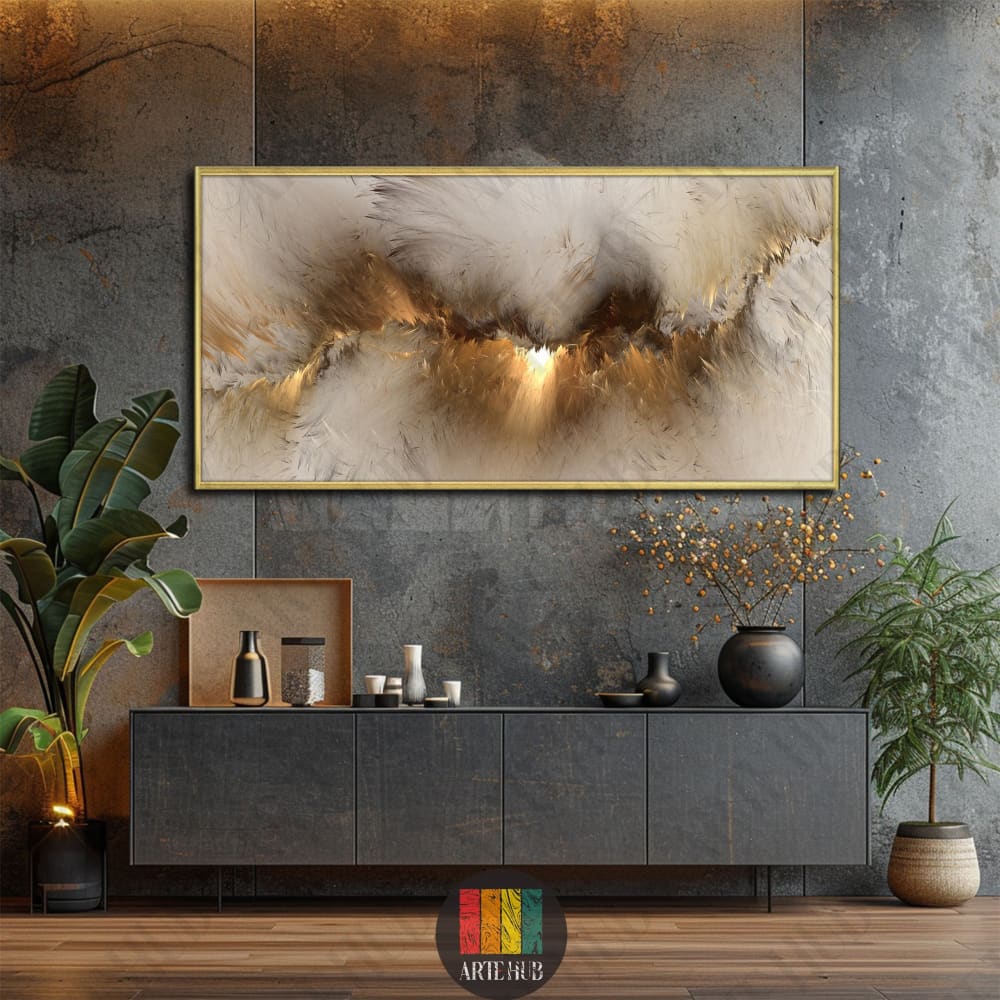 A wide horizontal canvas wall art piece featuring a luxury gold and white abstract feather texture in a thin gold frame, perfect for premium modern wall decor in Egypt.