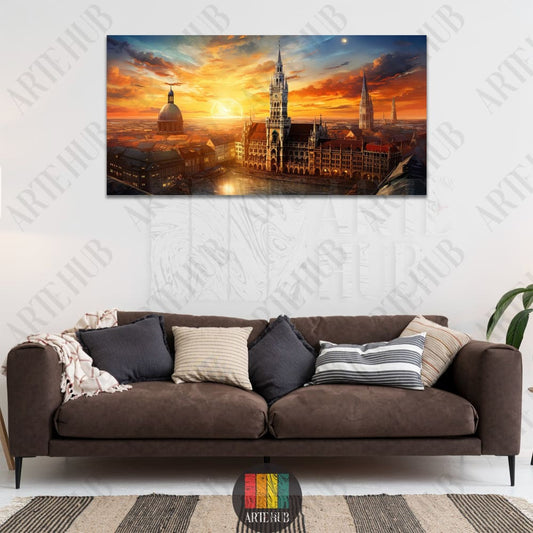 A breathtaking European cityscape at sunset with glowing golden clouds, high-quality canvas wall art for luxury home decor in Egypt.