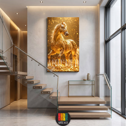 A majestic golden horse canvas wall art with intricate patterns standing on gold coins, luxury modern wall decor for high-end Egyptian interiors.