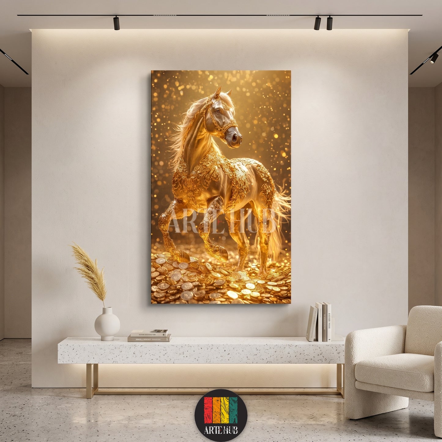 Luxury canvas wall art of an ornate golden horse on gold coins, perfect for modern living room decor in Egypt.