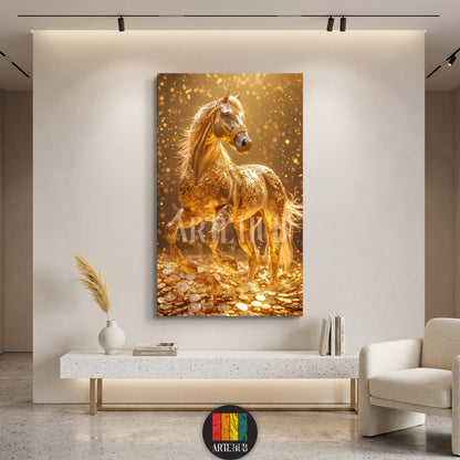 Luxury canvas wall art of an ornate golden horse on gold coins, perfect for modern living room decor in Egypt.