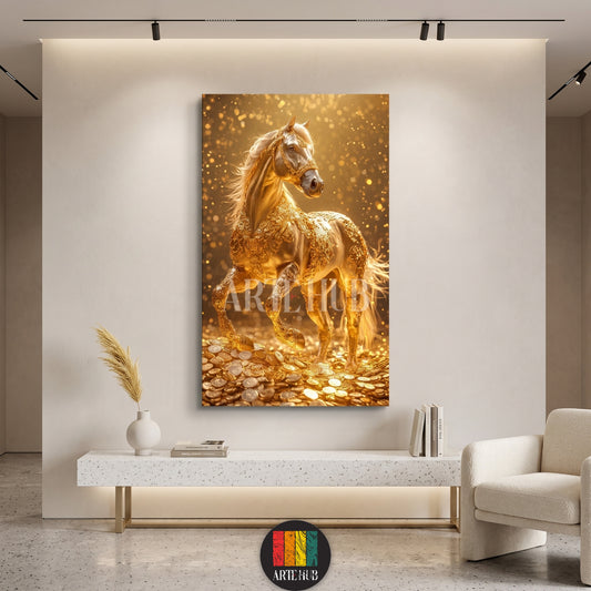 Luxury canvas wall art of an ornate golden horse on gold coins, perfect for modern living room decor in Egypt.