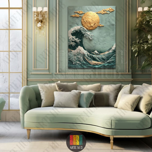 A premium 3D textured canvas wall art piece depicting a teal ocean wave and a metallic golden moon, displayed in a luxury living room in Egypt.