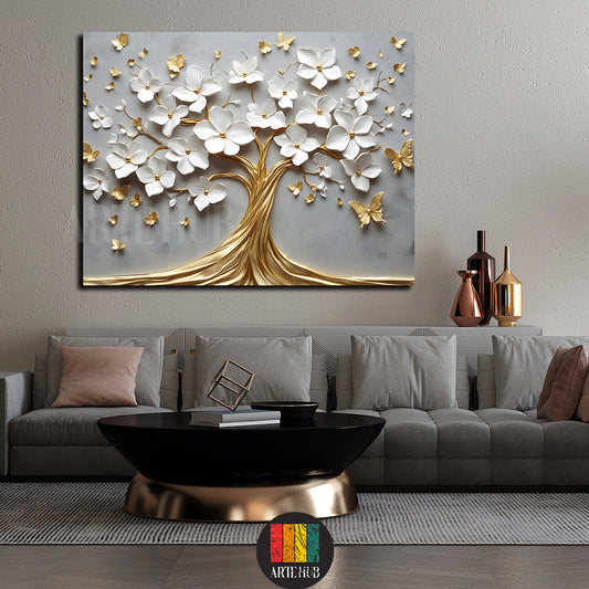 Elegant 3D canvas wall art featuring a golden tree with white flowers and golden butterflies, perfect for modern living rooms in Egypt.