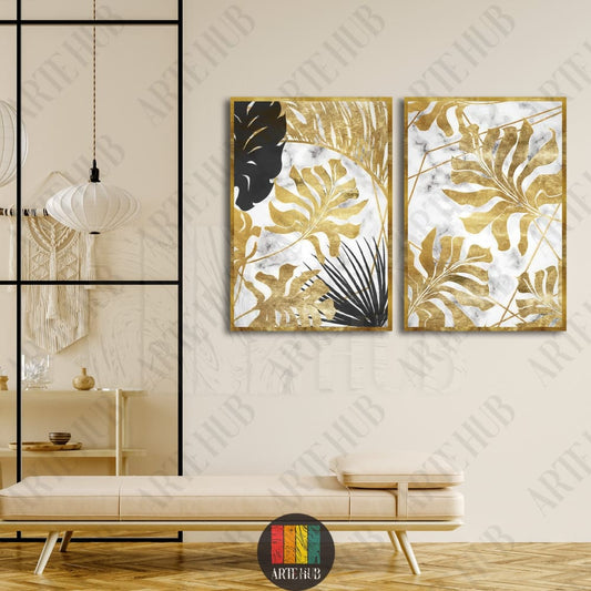 Two-piece canvas wall art featuring luxury gold and black tropical palm leaves on a marble background, ideal for modern luxury home decor in Egypt.