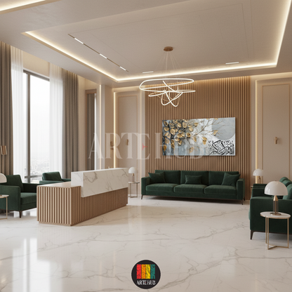 Luxury modern canvas wall art featuring Arabic calligraphy and golden leaves in a premium office setting, perfect for high-end wall decor in Egypt.