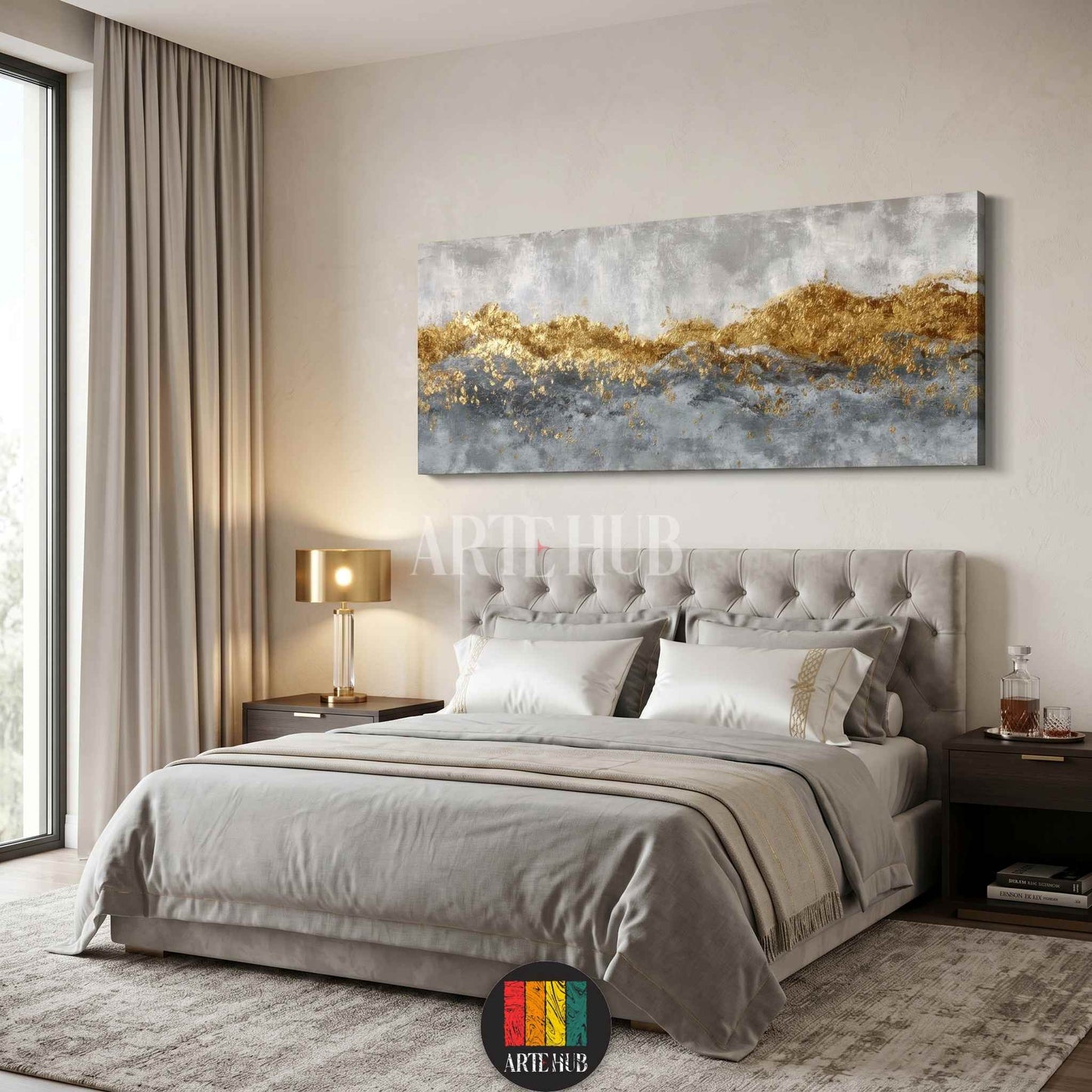 Modern abstract canvas wall art with metallic gold foil and grey textures, perfect for luxury bedroom decor in Egypt homes.