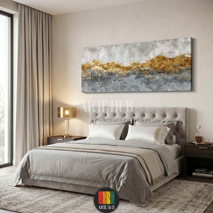 Modern abstract canvas wall art with metallic gold foil and grey textures, perfect for luxury bedroom decor in Egypt homes.