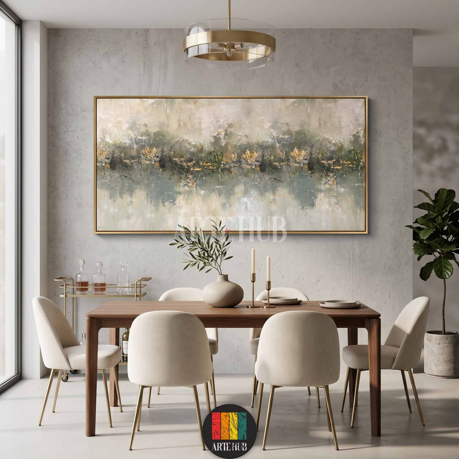 Large horizontal abstract canvas wall art featuring earthy greens and gold leaf accents above a modern dining table in Egypt.