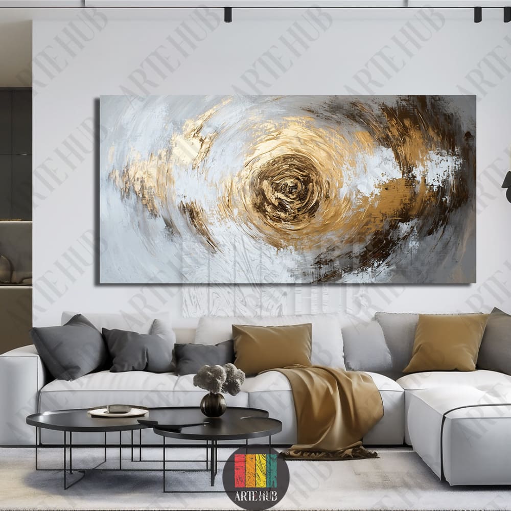 A premium abstract canvas wall art piece with a golden vortex pattern, hanging in a modern living room setting, perfect for luxury home decor in Egypt.