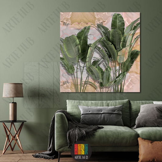 Green leaves mixed with marble canvas
