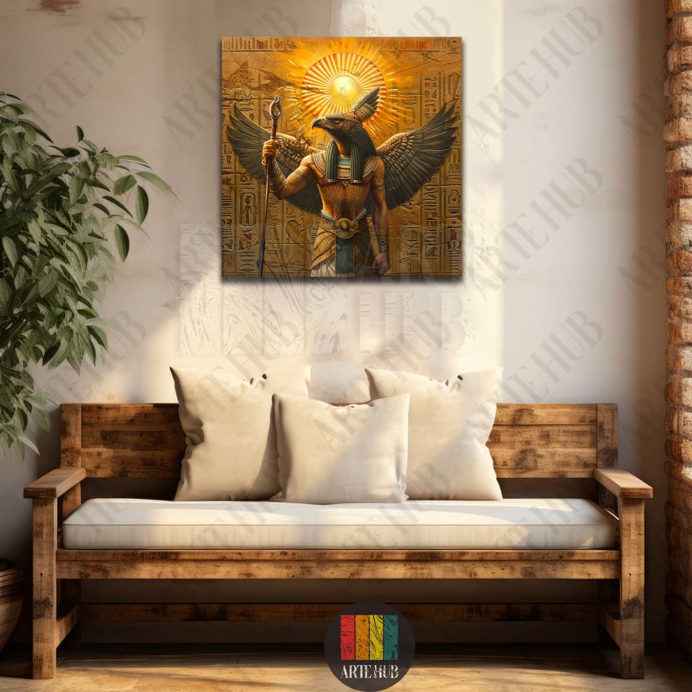 A detailed canvas wall art depicting the Egyptian God Horus with grand wings and a golden sun disk against a background of hieroglyphs in a modern room.