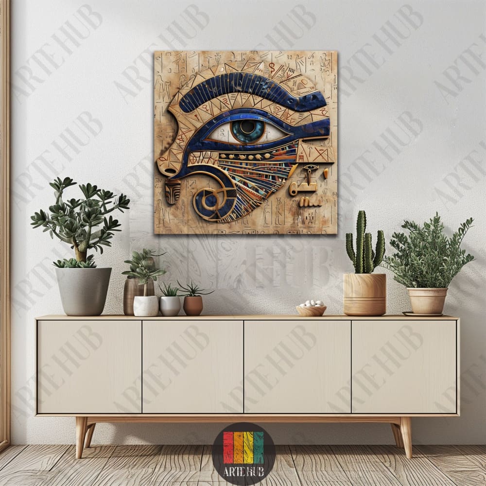 Modern canvas wall art featuring a stylized blue and gold Eye of Horus with intricate Egyptian hieroglyphics for luxury home decor.