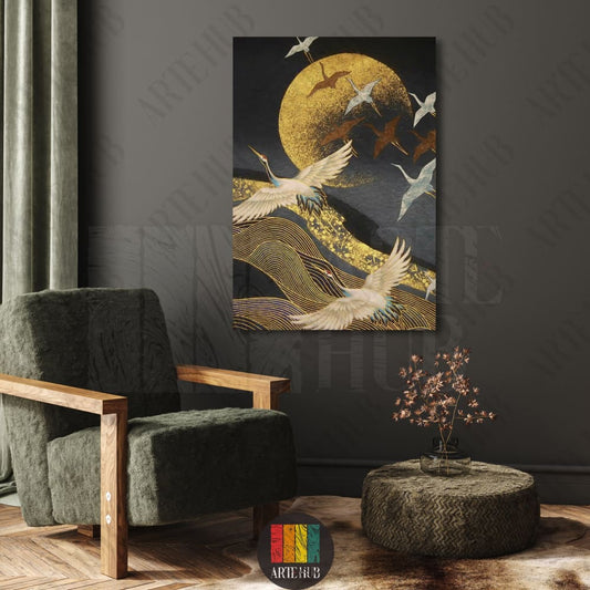 Luxury canvas wall art displaying elegant cranes flying across a golden sun and waves on a dark background, styled in a modern living room in Egypt.